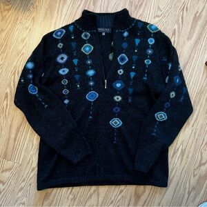 100% Wool Black and Blue Geometric Women's Cardigan size XL